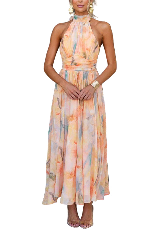 Dames Maxi Jurk Halternek Aquarelprint 0