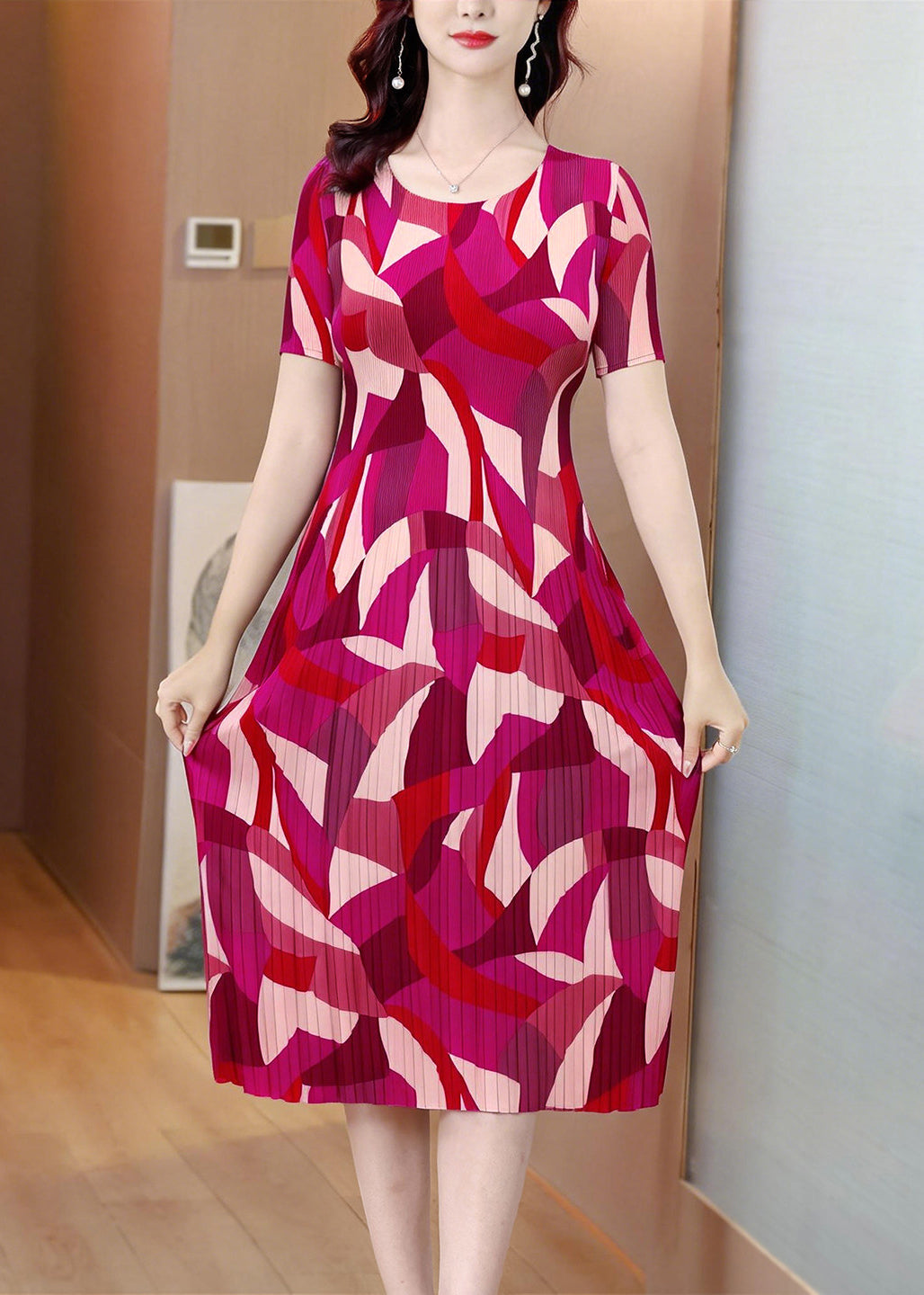 Dames Maxi Jurk Met O-hals En Korte Mouwen 2