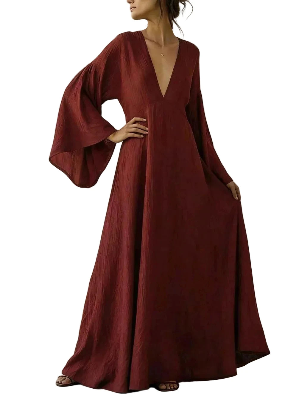Dames Maxi Jurk Patchwork Met Uitlopende Mouwen 1