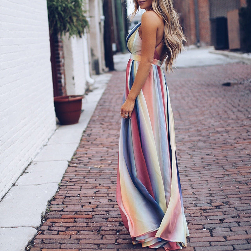 Dames Maxi Jurk V-Ausschnitt Multicolor Gestreept 0