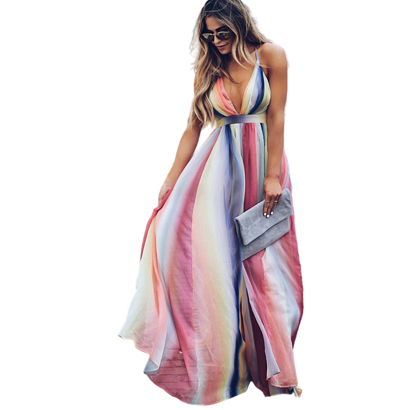 Dames Maxi Jurk V-Ausschnitt Multicolor Gestreept 4