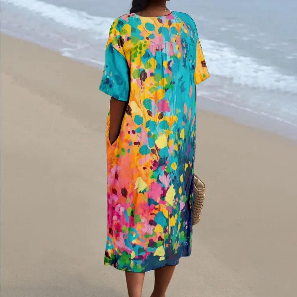 Dames Maxi Jurk V-Hals Korte Mouwen Losse Pasvorm Ademend voor Zomer 1