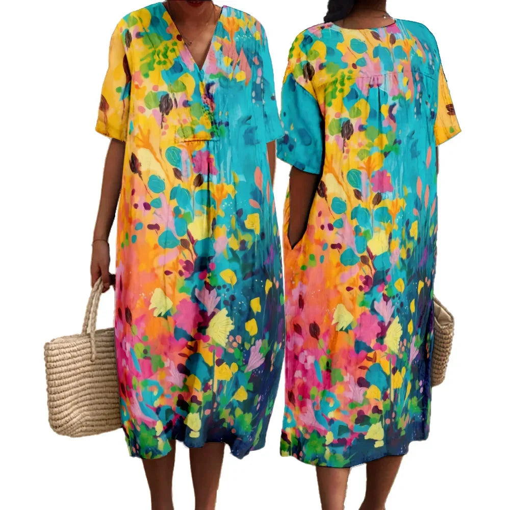 Dames Maxi Jurk V-Hals Korte Mouwen Losse Pasvorm Ademend voor Zomer 2