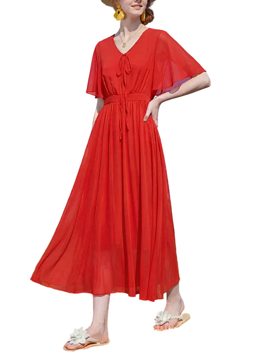 Dames Maxi Jurk V-hals Gerimpeld Patchwork Zomerstijl 0