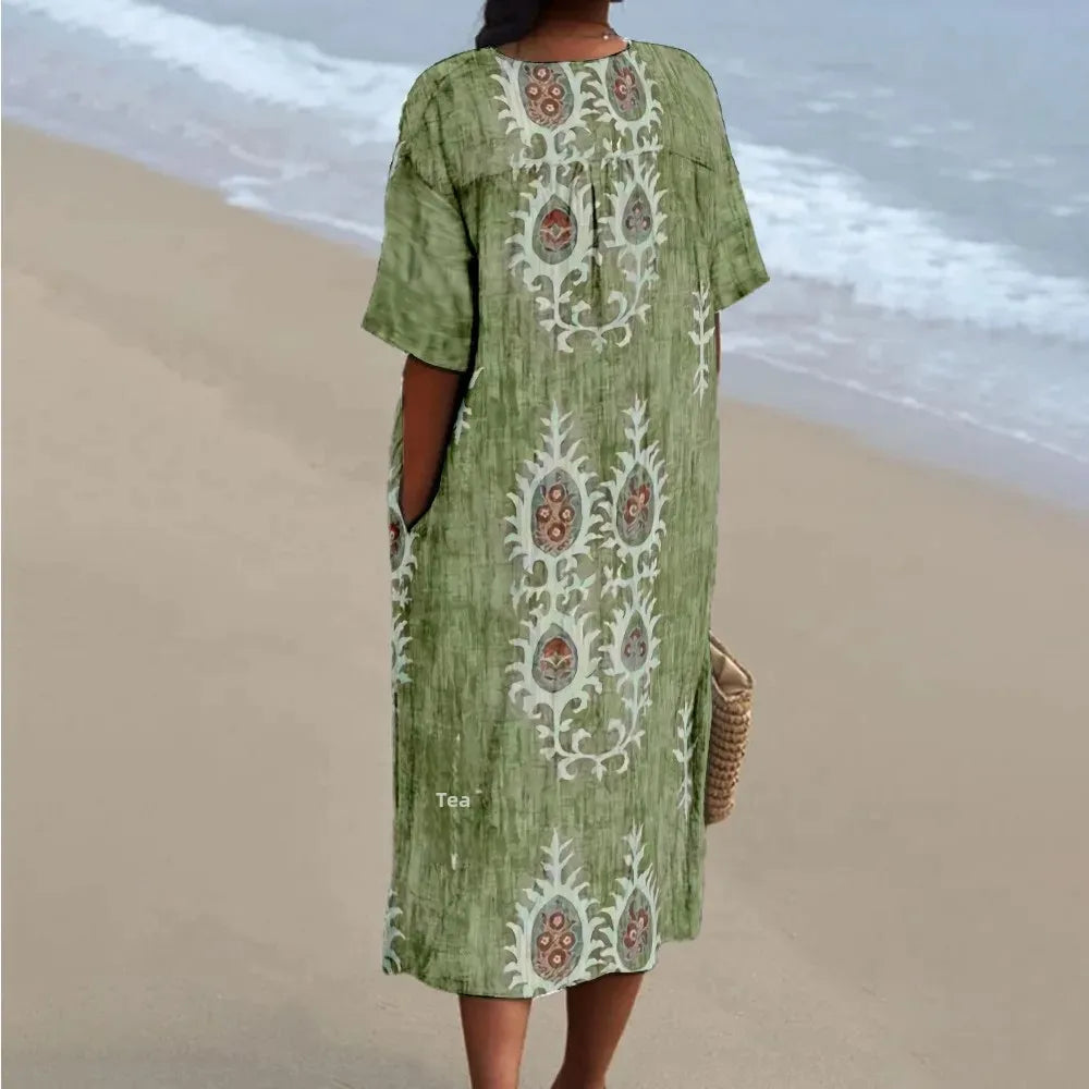 Dames Maxi Jurk V-hals Korte Mouwen Digitale Print voor Zomer 1