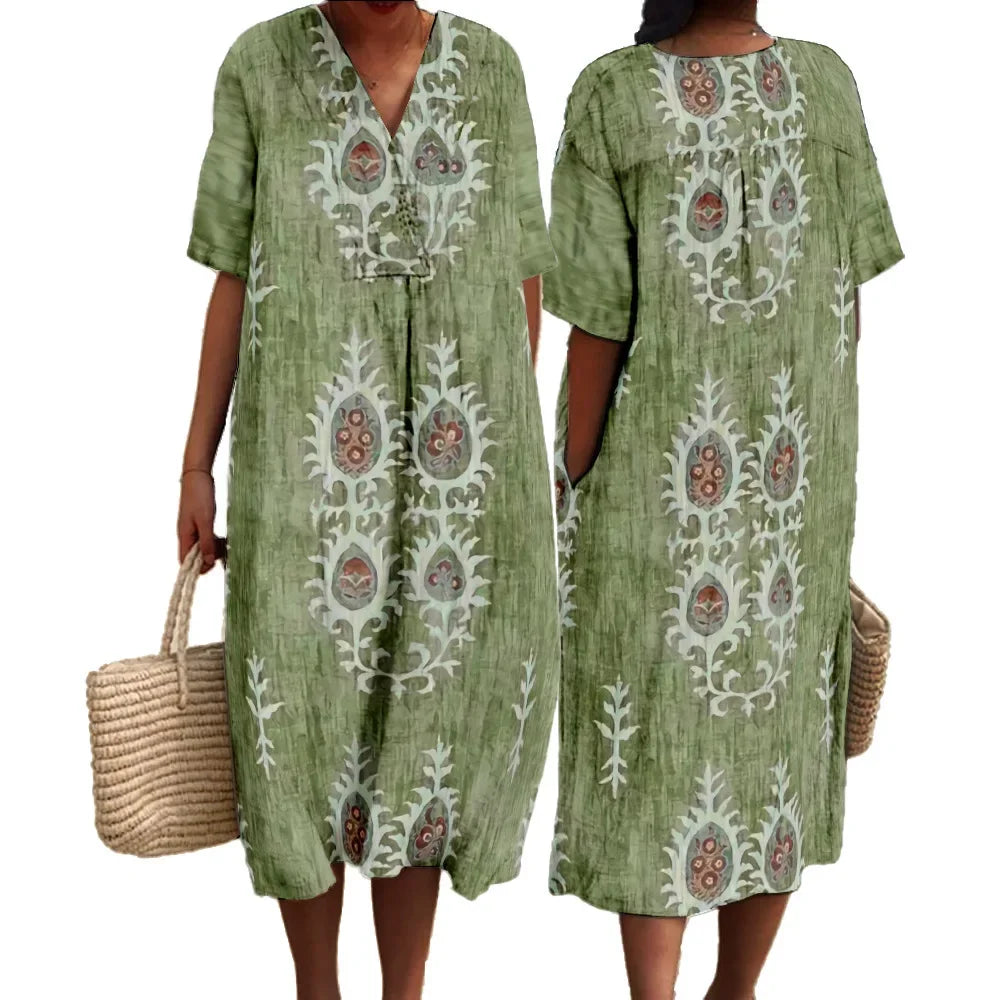Dames Maxi Jurk V-hals Korte Mouwen Digitale Print voor Zomer 2