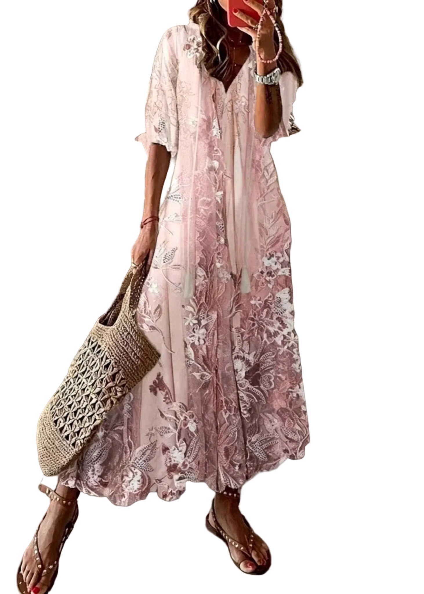 Dames Maxi Jurk V-hals met Zomerprint 0