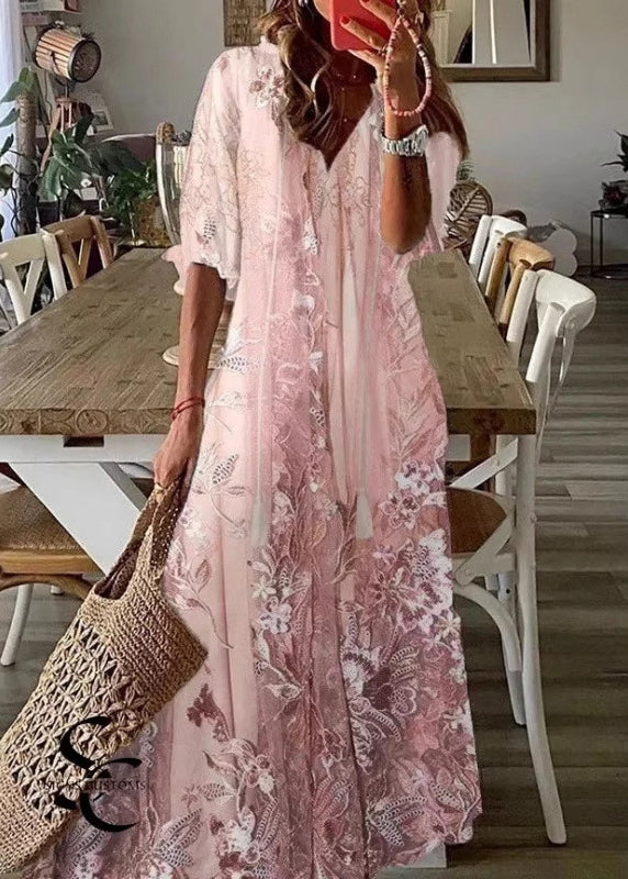 Dames Maxi Jurk V-hals met Zomerprint 1