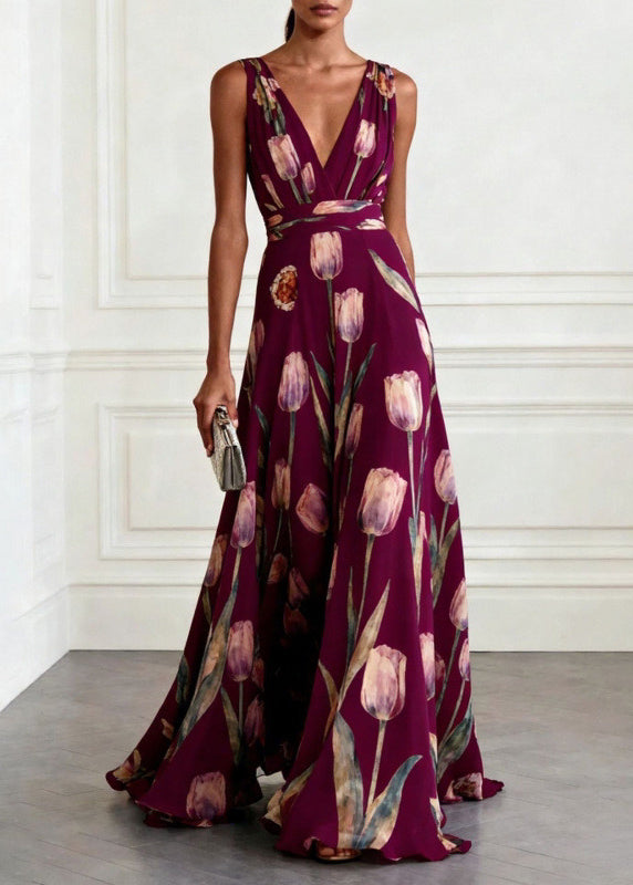 Dames Maxi Jurk met Grote Zoom en Blauwe Print 1