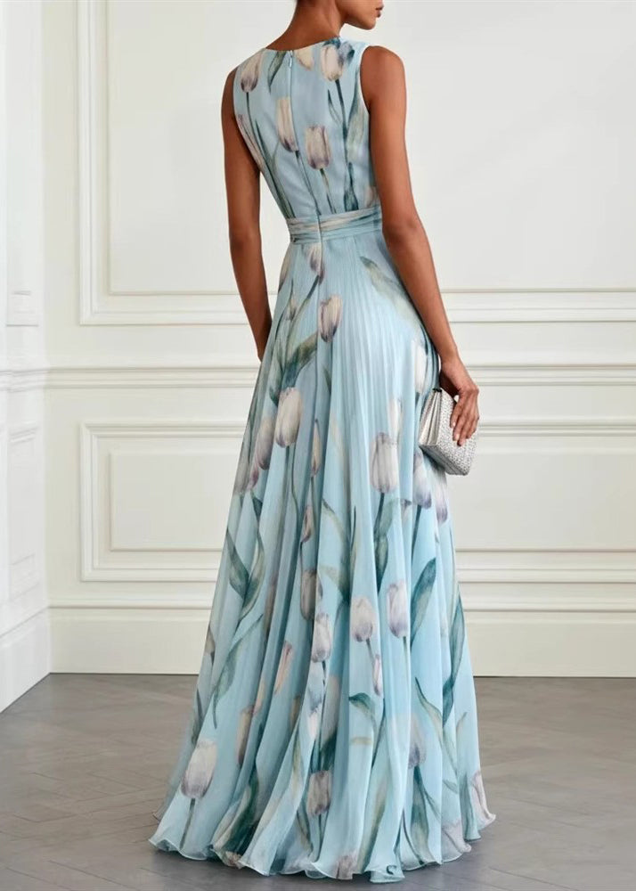 Dames Maxi Jurk met Grote Zoom en Blauwe Print 4
