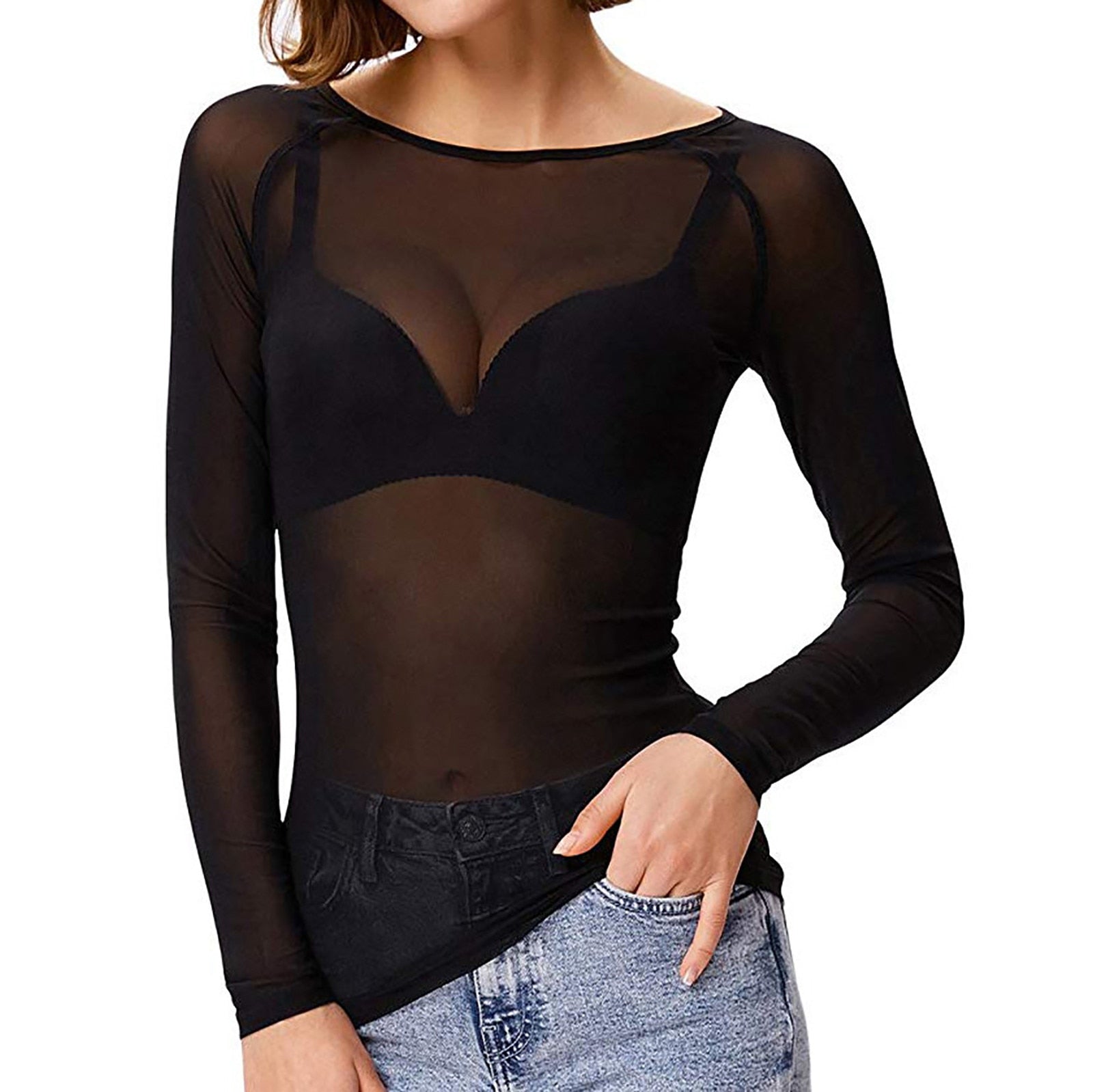 Dames Mesh Top Lange Mouwen Transparant 1