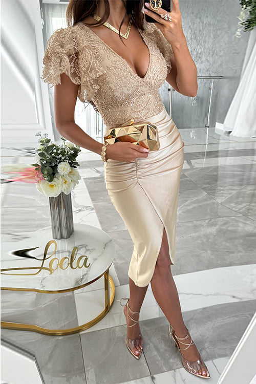 Dames Midi-jurk V-hals met Uitlopende Mouwen en Split 3