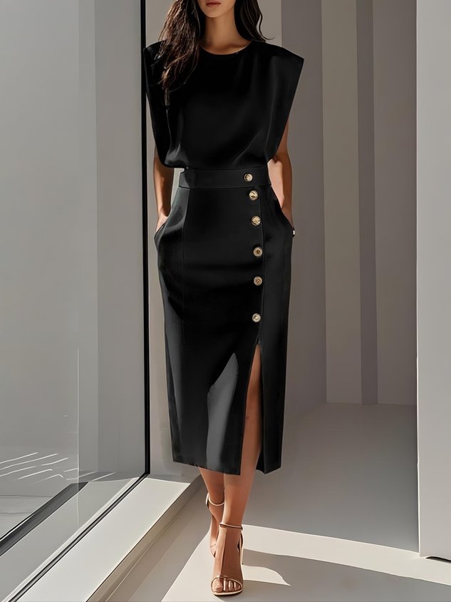 Dames Midi-jurk met Ronde Hals en Knoopsluiting 1