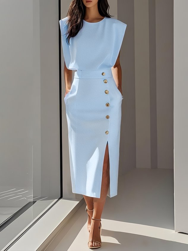 Dames Midi-jurk met Ronde Hals en Knoopsluiting 2