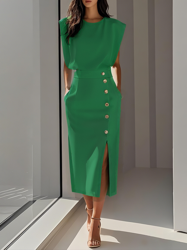 Dames Midi-jurk met Ronde Hals en Knoopsluiting 3