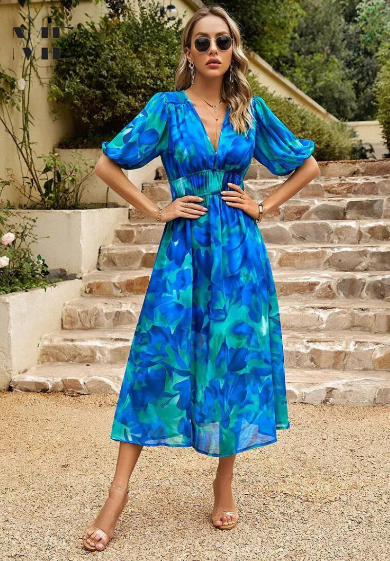 Dames Midi Jurk Floral Met Pofmouwen 10