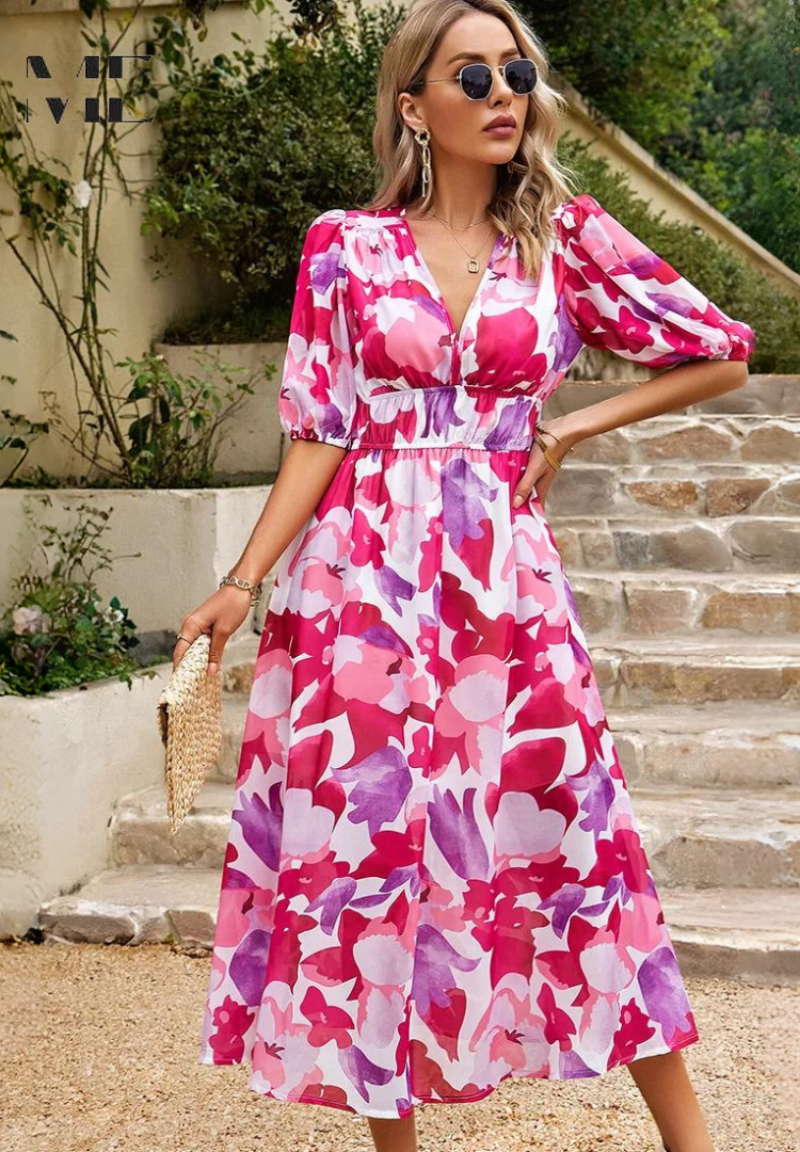 Dames Midi Jurk Floral Met Pofmouwen 11