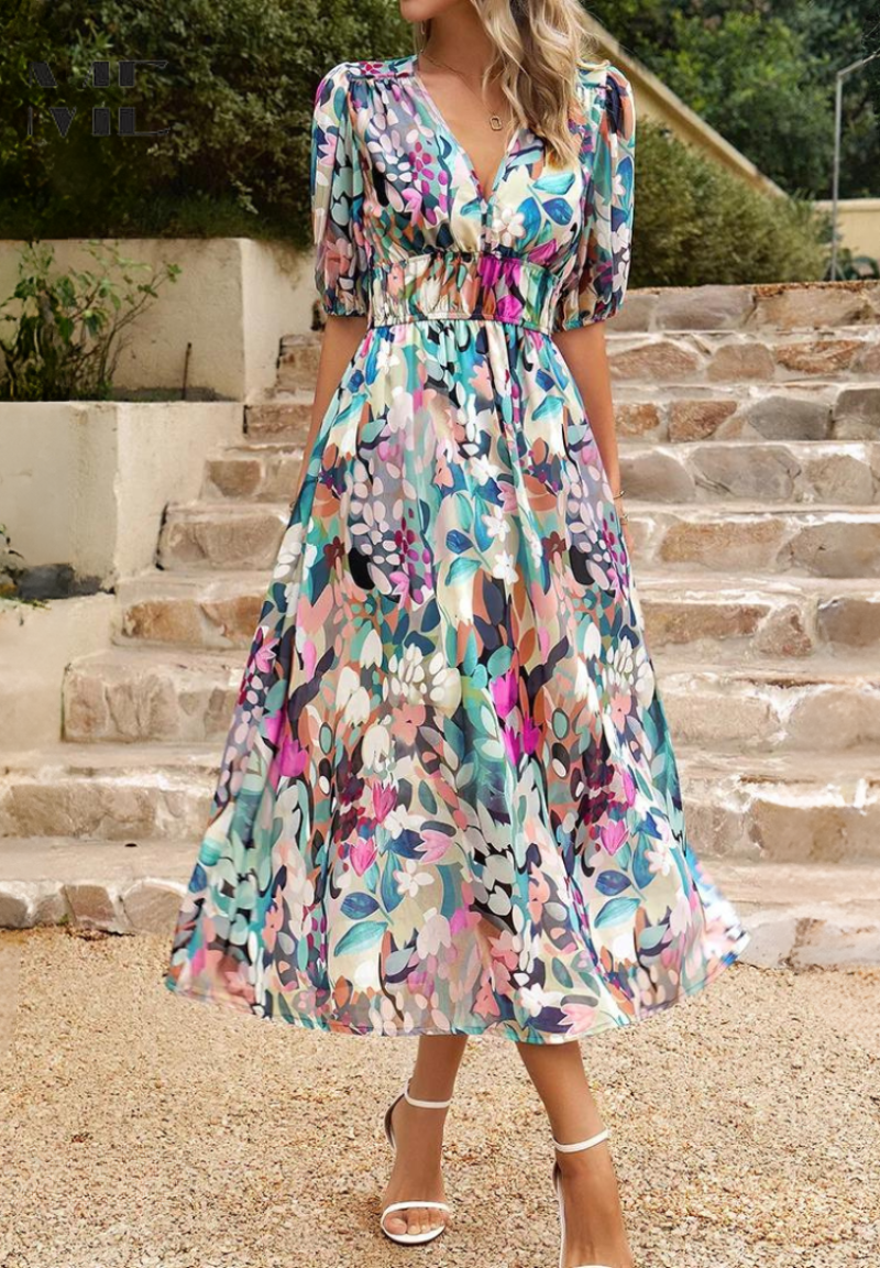 Dames Midi Jurk Floral Met Pofmouwen 3