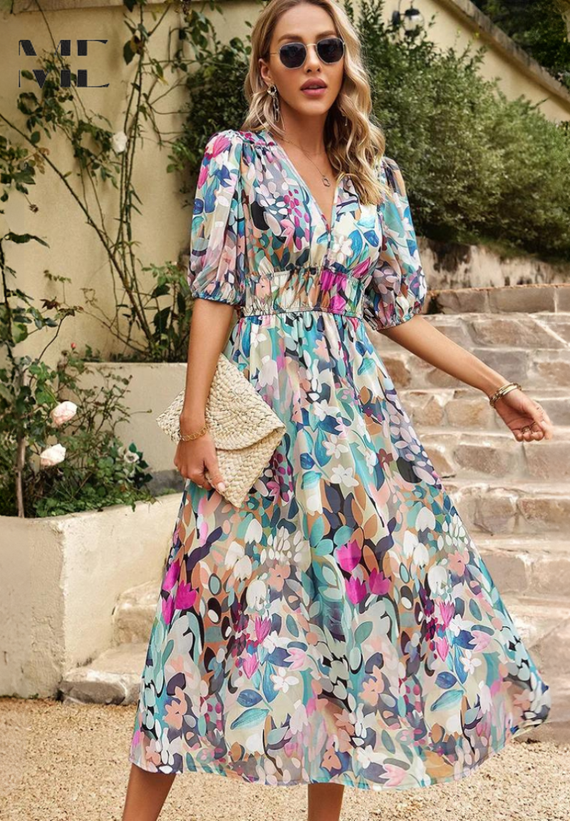 Dames Midi Jurk Floral Met Pofmouwen 4