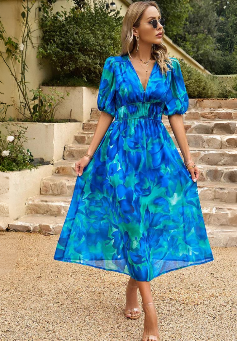 Dames Midi Jurk Floral Met Pofmouwen 5