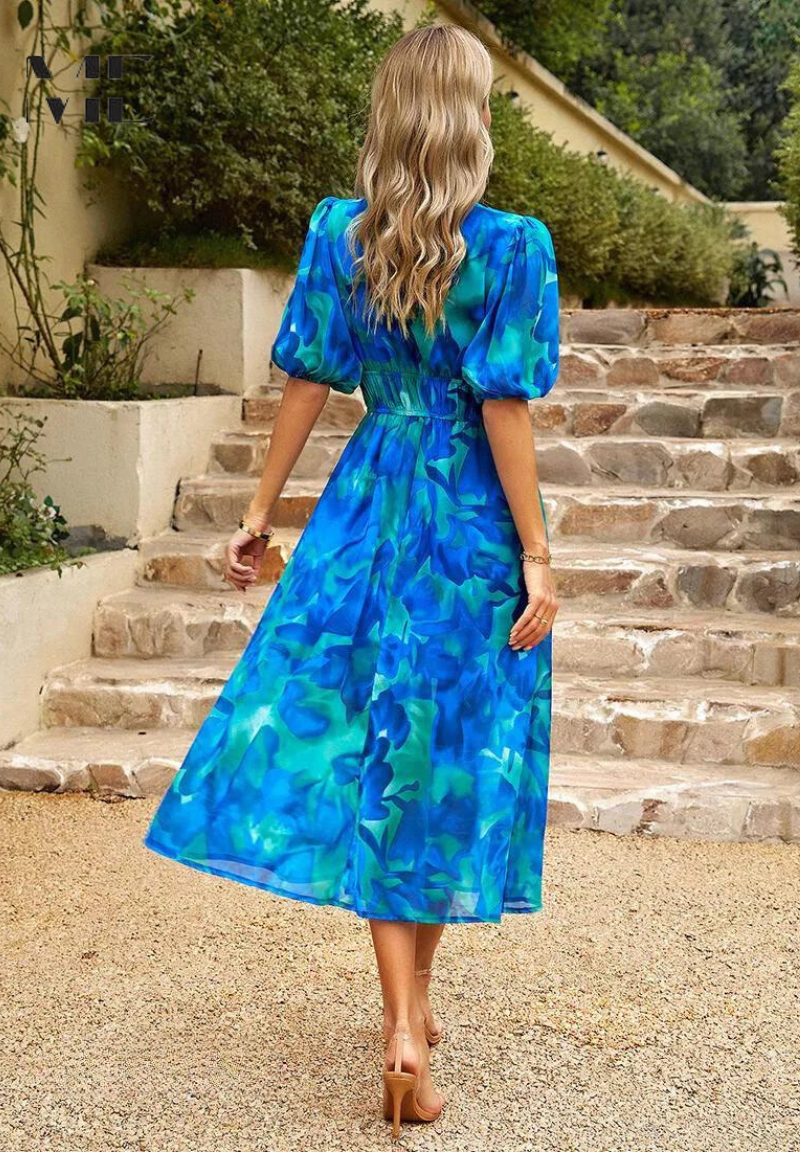Dames Midi Jurk Floral Met Pofmouwen 6