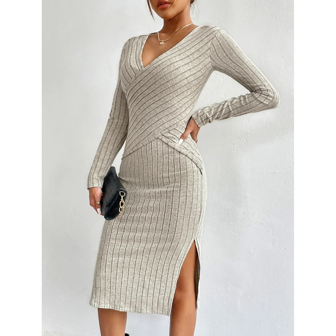 Dames Midi Jurk Geribbeld Elegante Pasvorm Hoogwaardige Stof 1