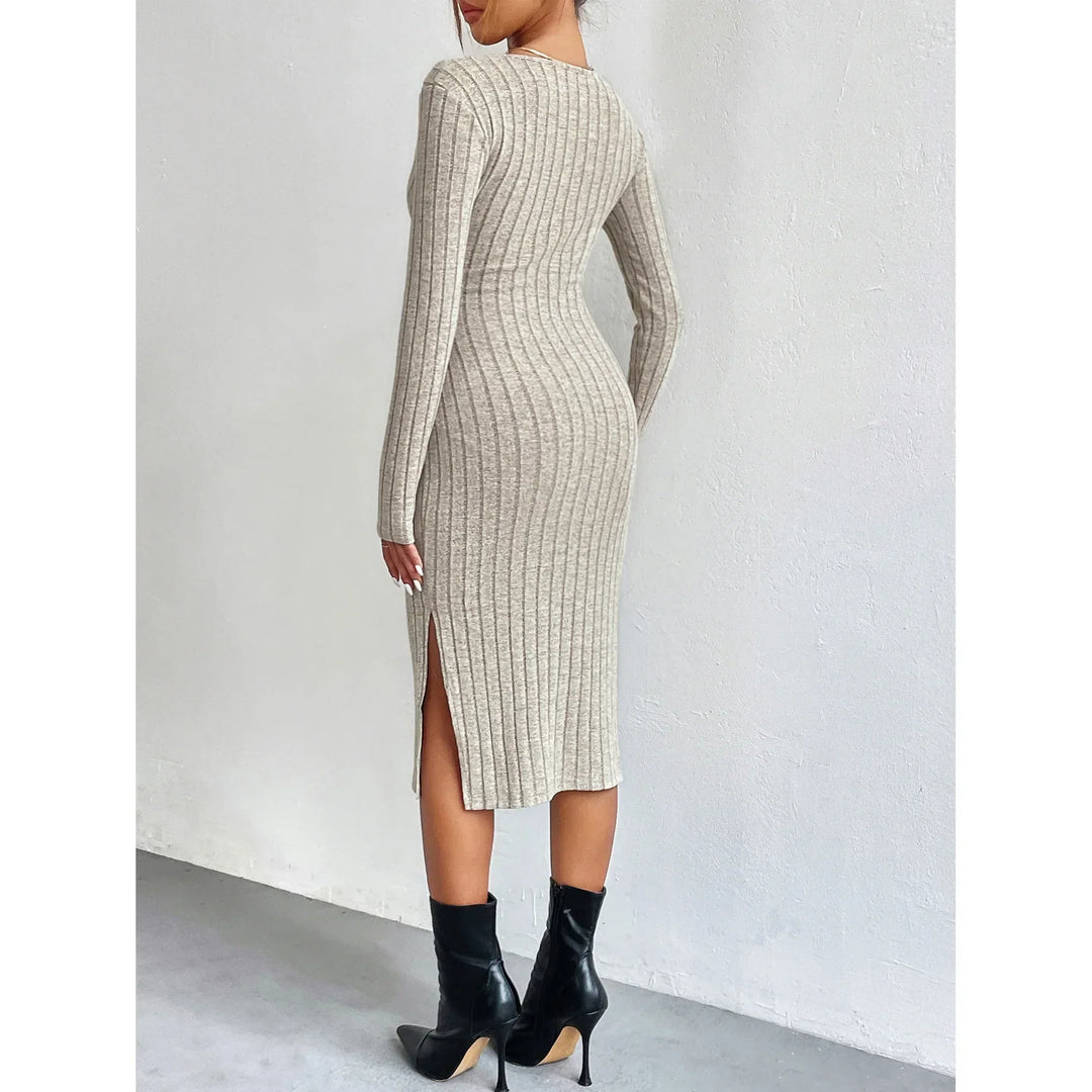Dames Midi Jurk Geribbeld Elegante Pasvorm Hoogwaardige Stof 2