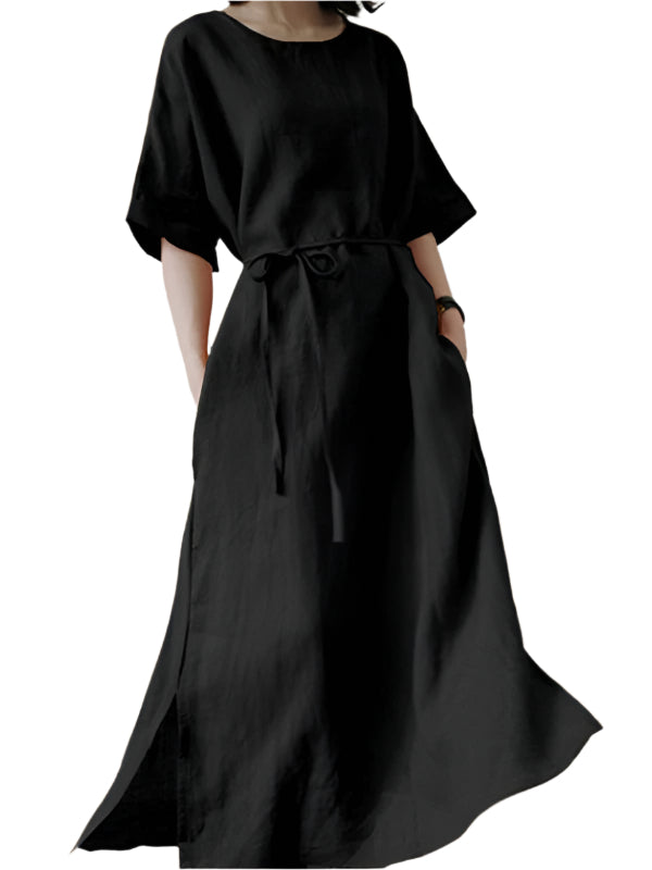 Dames Midi Jurk Met Ceintuur En Zijsplit 0