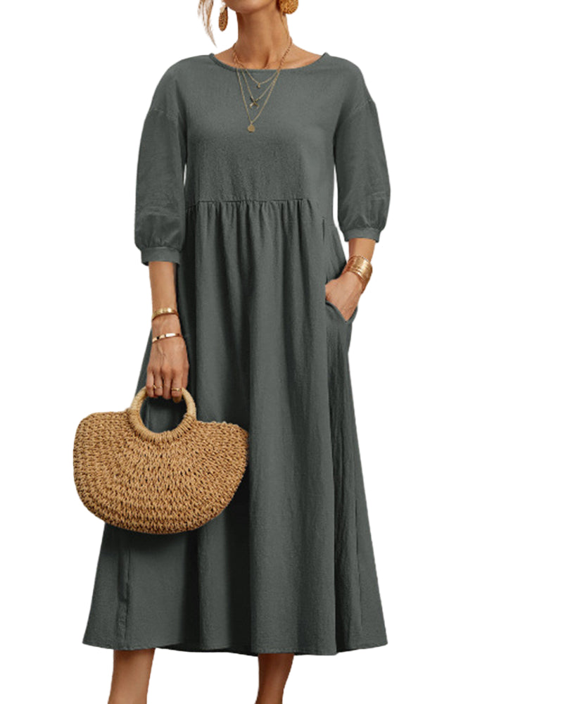 Dames Midi Jurk Met Ronde Halslijn En Laternenärmel 0