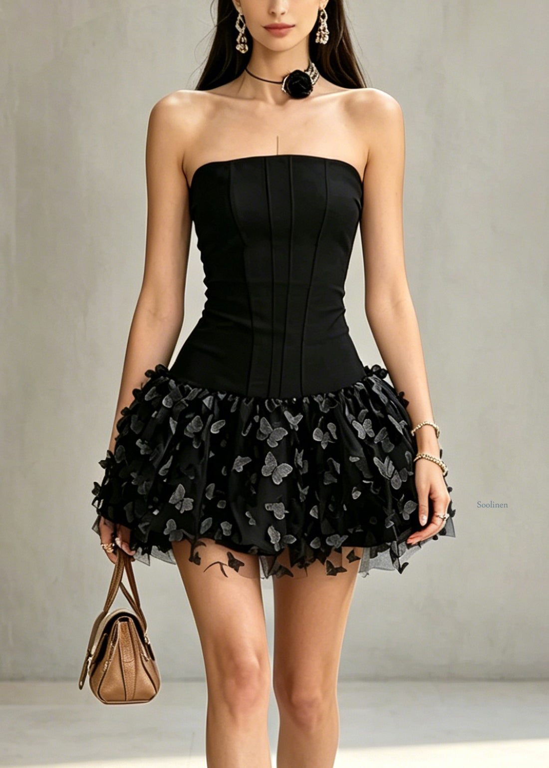 Dames Midi Jurk Schouderloos met Tule Patchwork 4