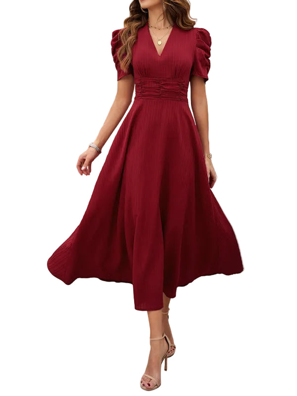 Dames Midi Jurk V-Hals Met Puff Mouwen En Rimpel Taille 3
