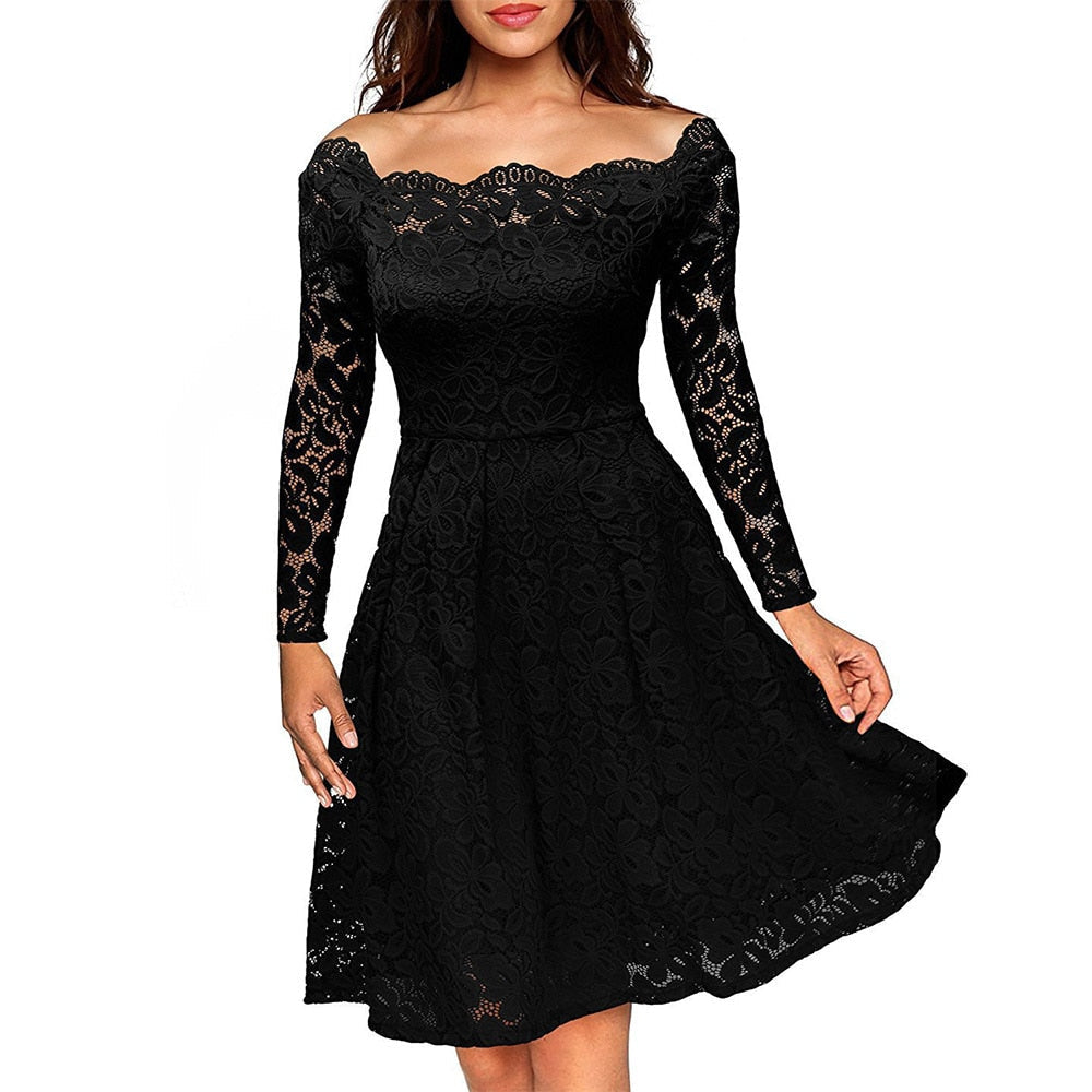 Dames Midi Jurk met Kanten Overlay en Off-Shoulder Stijl 0