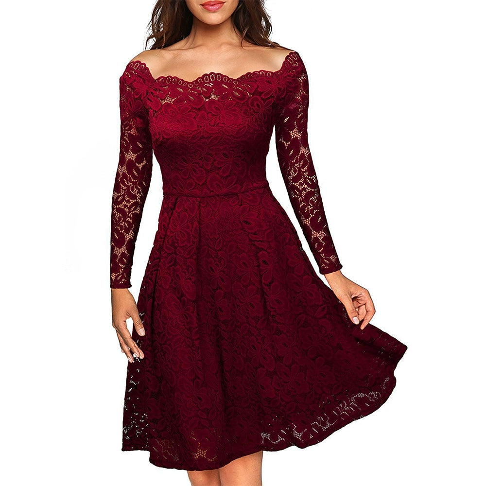 Dames Midi Jurk met Kanten Overlay en Off-Shoulder Stijl 4