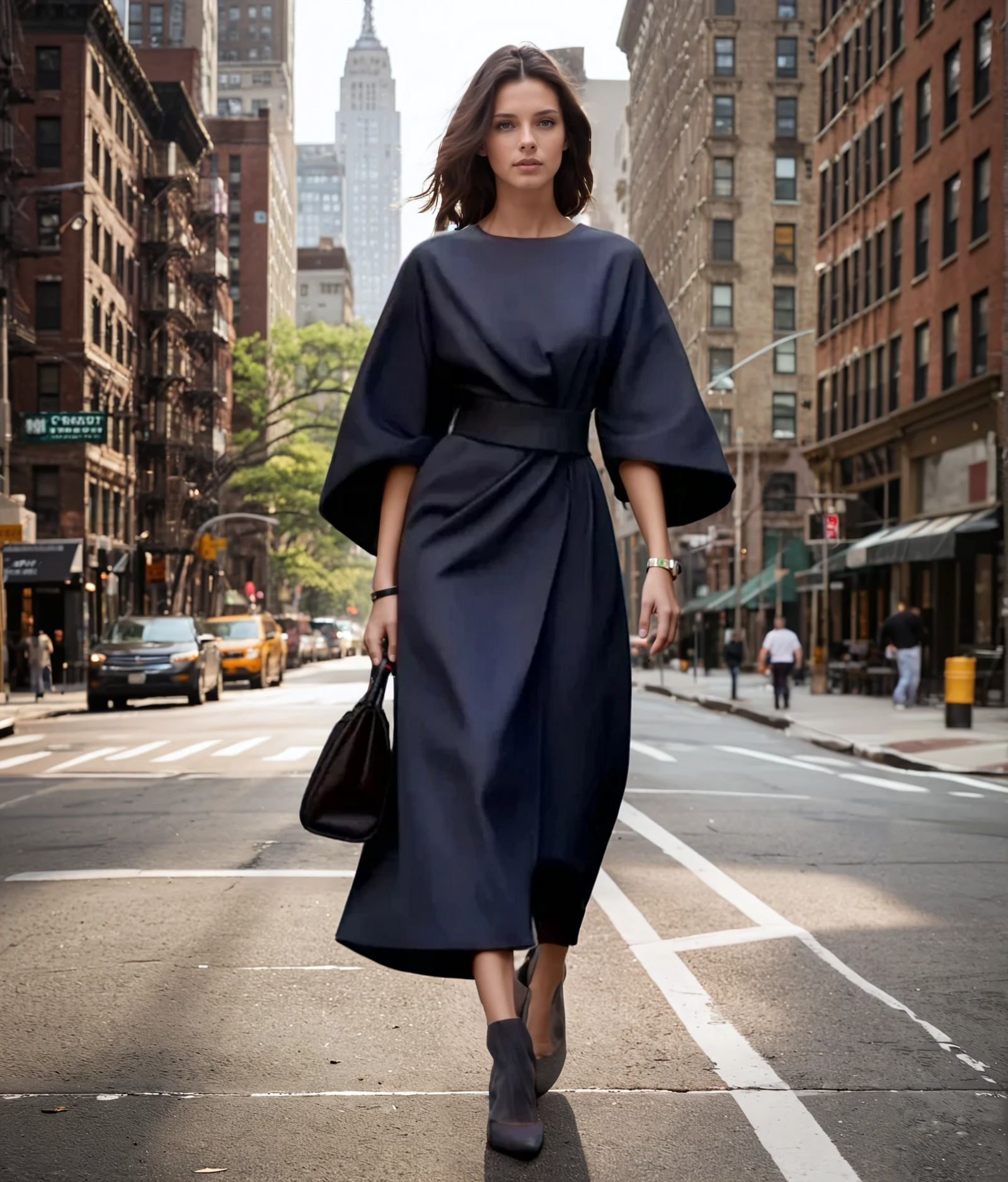 Dames Midi Jurk met Lantaarnmouwen en Ceintuur 1