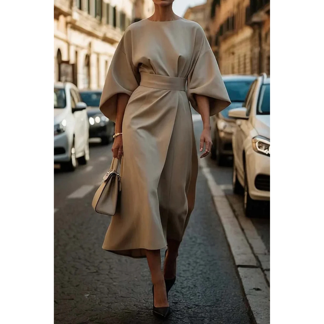 Dames Midi Jurk met Lantaarnmouwen en Ceintuur 6