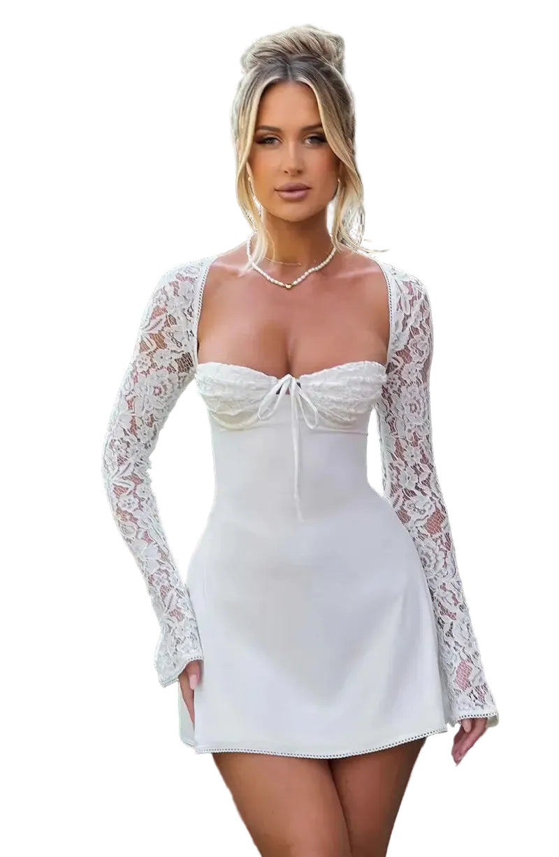 Dames Mini-jurk Bodycon met Kanten Mouwen en Vierkante Halslijn 0