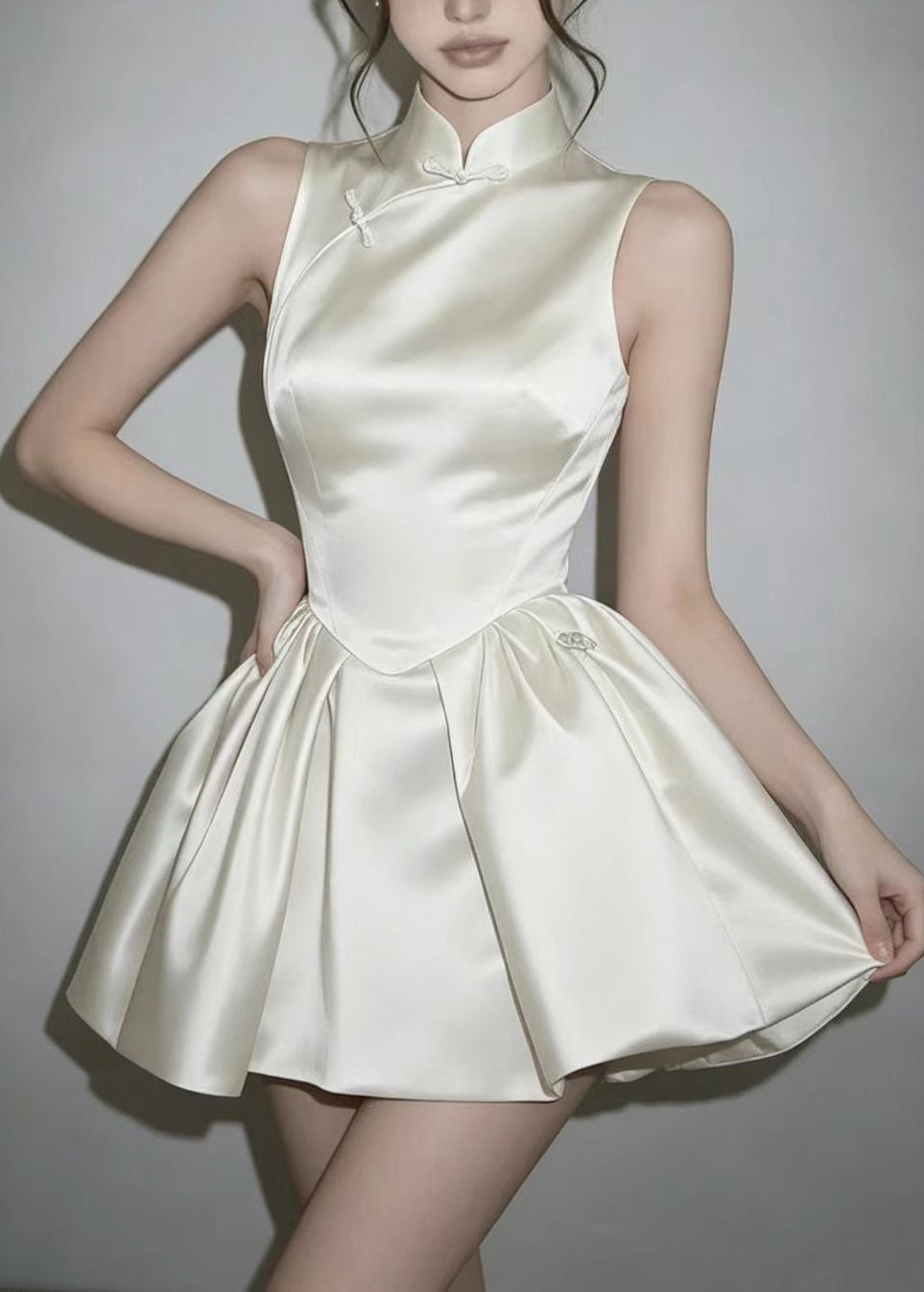 Dames Mini-jurk Mouwloos met Opstaande Kraag in Chinese Stijl 1