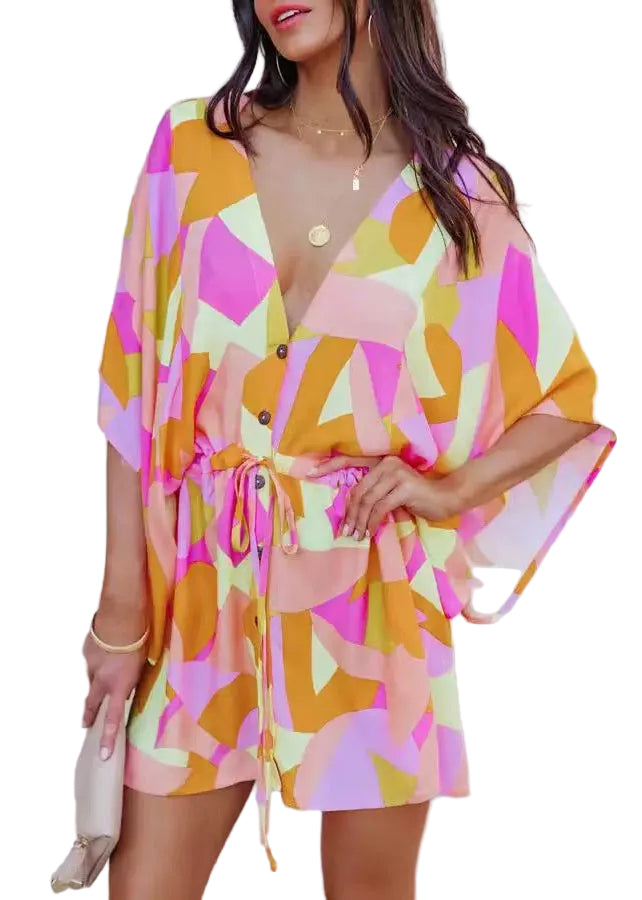 Dames Mini Jurk Met Cinched Print En Vleermuismouwen Voor Zomerjurkjes 0
