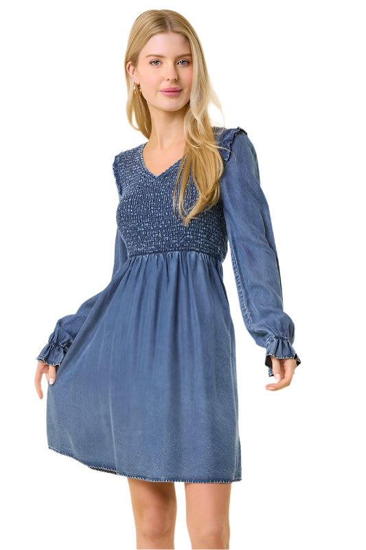 Dames Mini Jurk V-Hals Gerimpeld Denim 0