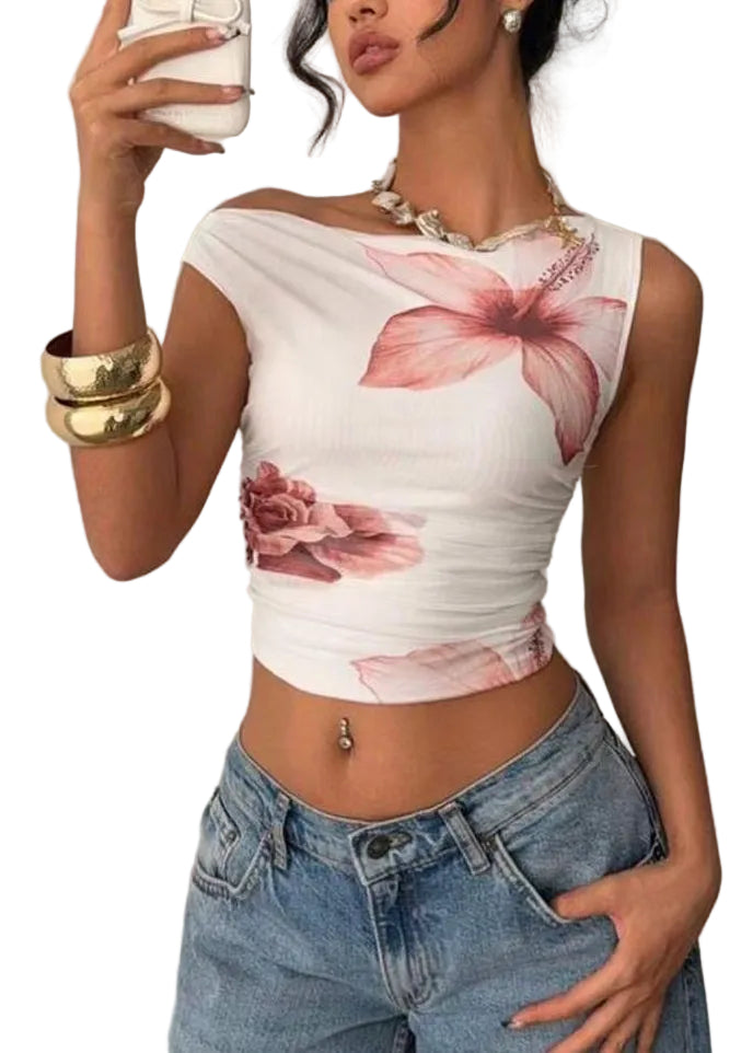 Dames Mouwloze Top met Schuine Hals en Bloemenprint 0