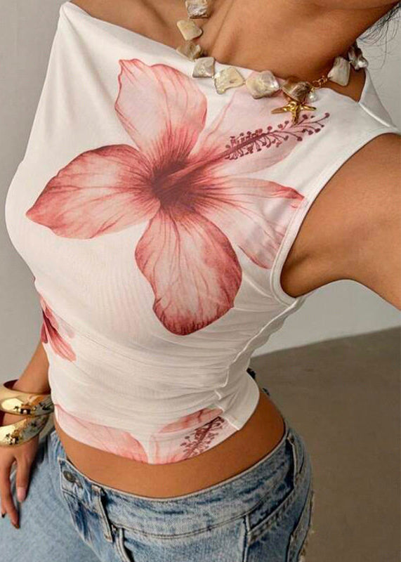 Dames Mouwloze Top met Schuine Hals en Bloemenprint 2