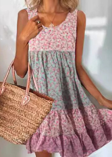 Dames Mouwloze Vakantiejurk Patchwork Print 2