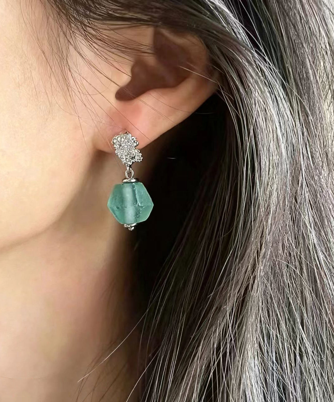 Dames Oorbellen Boho Stijl Groen Glas Met Zilveren Naald 4