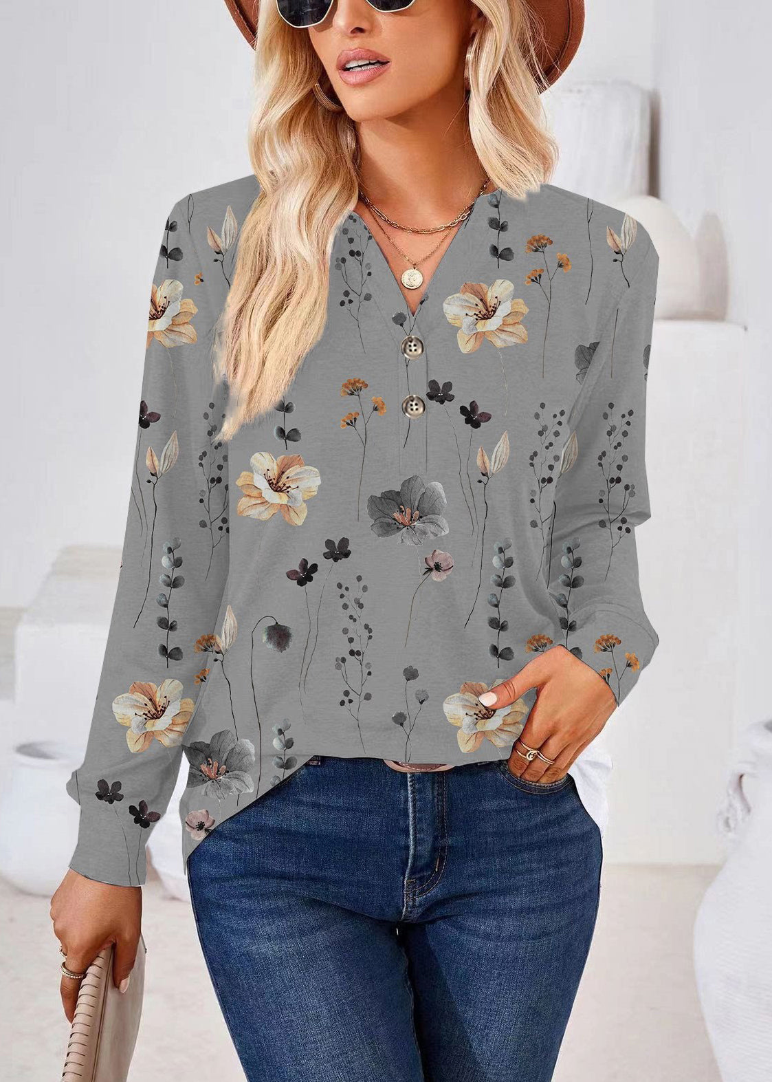 Dames Overhemd V-hals Print Grote Maten Herfststijl 2