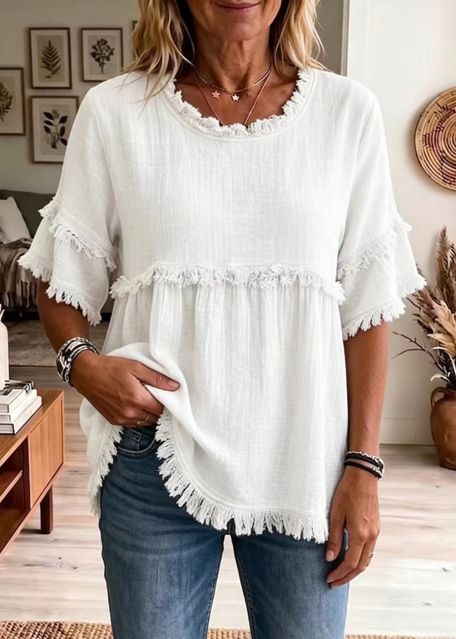 Dames Overhemdtop O-hals Met Kwastje Zomerse Stijl 2