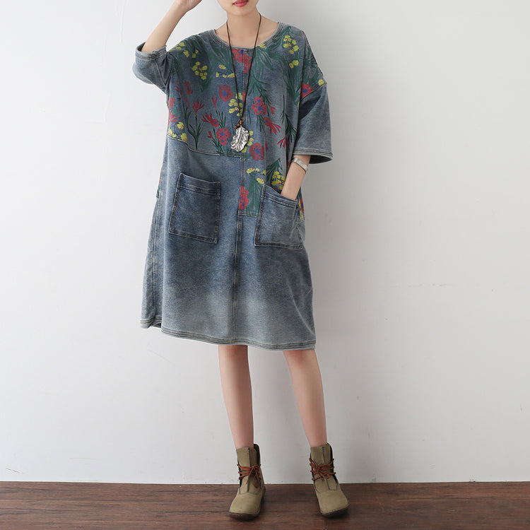 Dames Oversize Denim Jurk Bloemenprint Casual Herfststijl 2