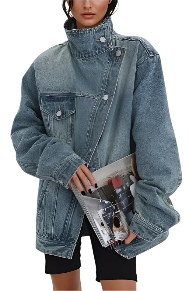 Dames Oversized Denim Jacket Asymmetrisch Design 0