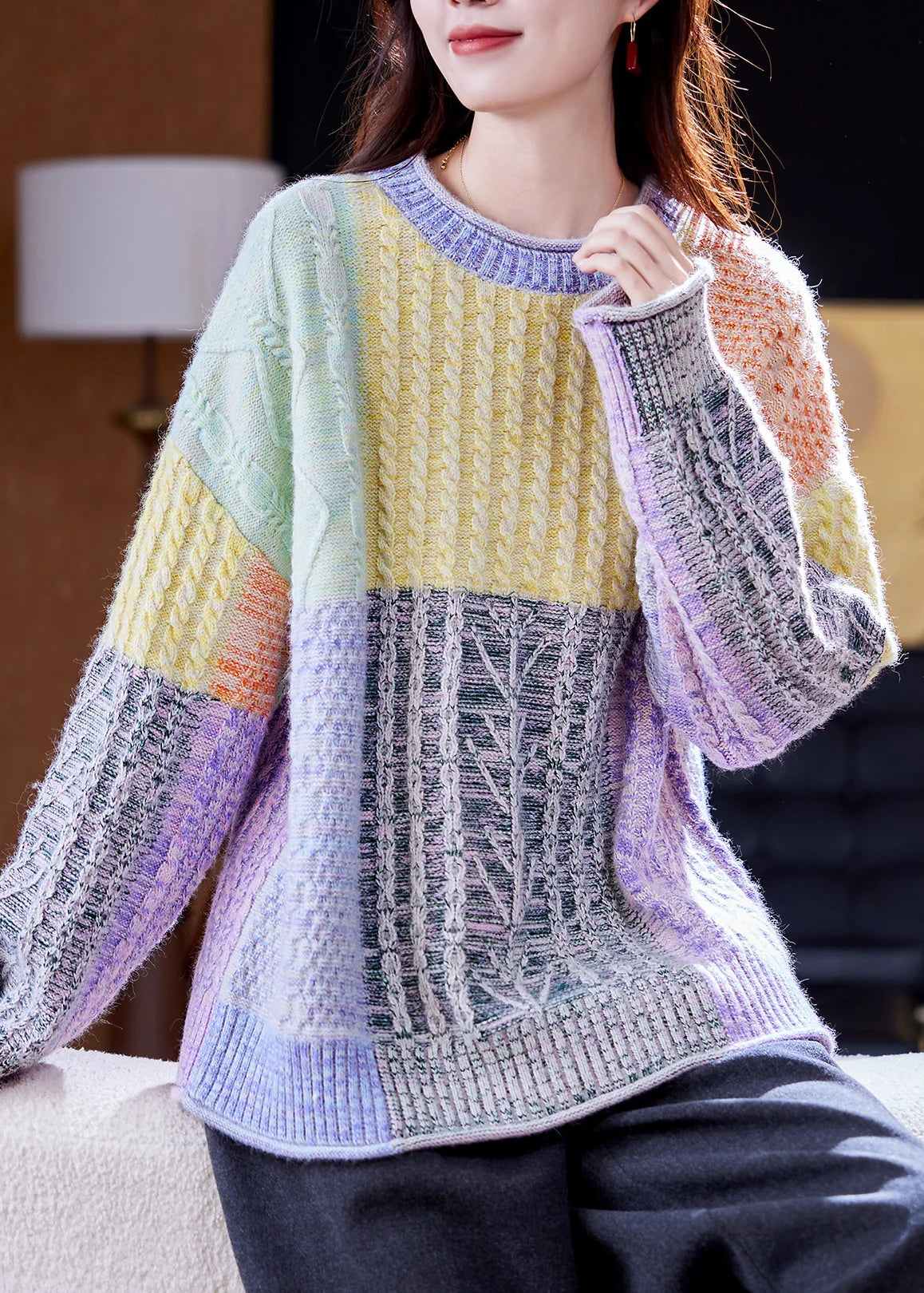 Dames Oversized Gebreide Trui Korte Stijl met Kleurblokken en Ruitpatroon 1