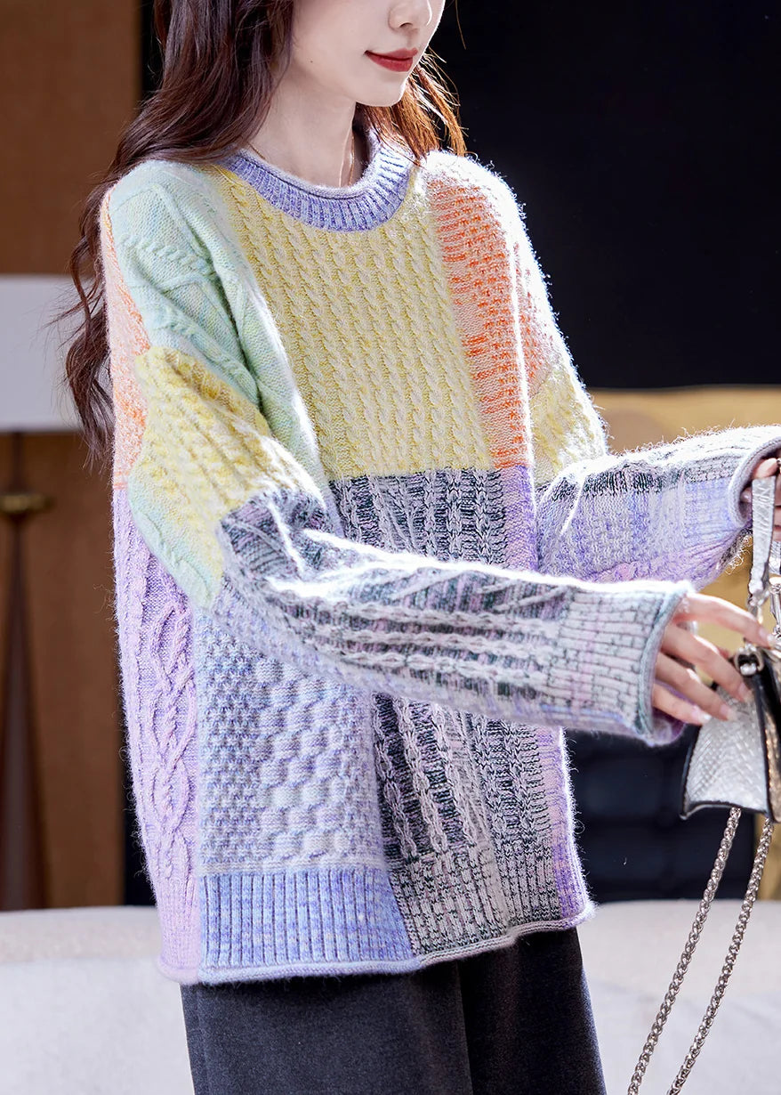 Dames Oversized Gebreide Trui Korte Stijl met Kleurblokken en Ruitpatroon 2