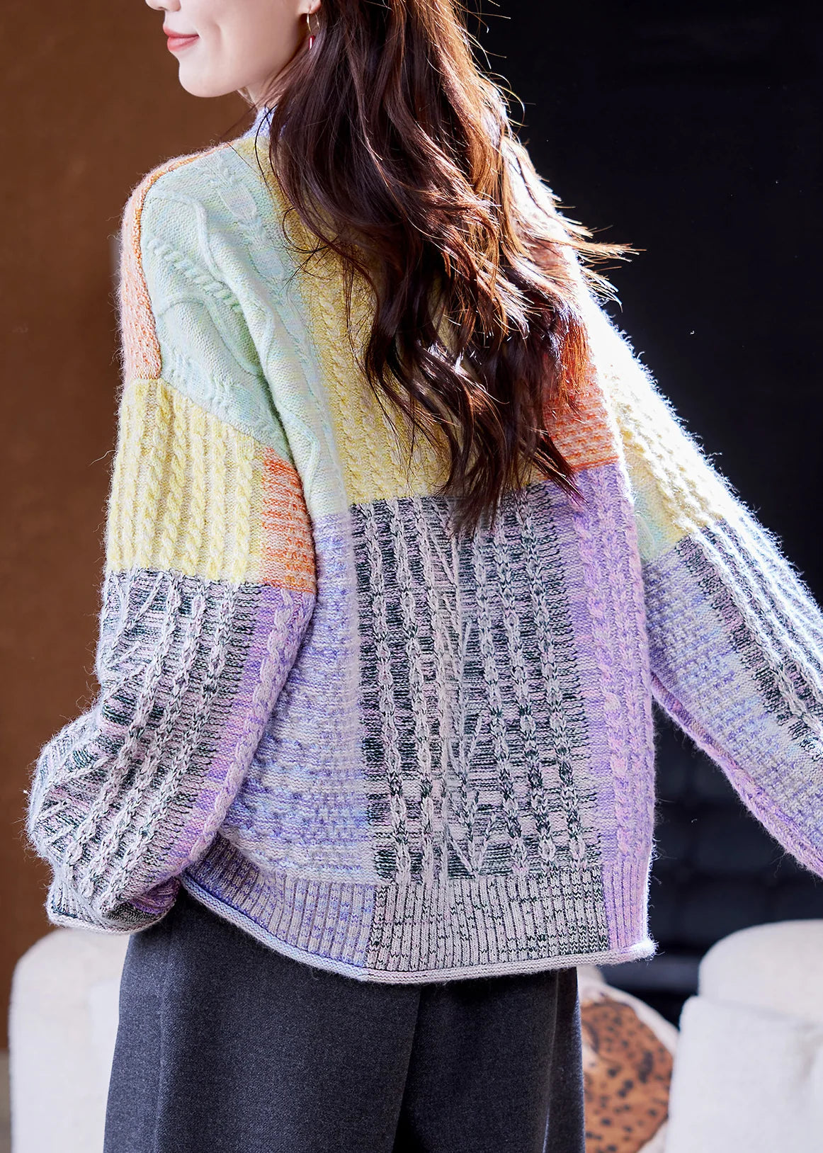 Dames Oversized Gebreide Trui Korte Stijl met Kleurblokken en Ruitpatroon 3